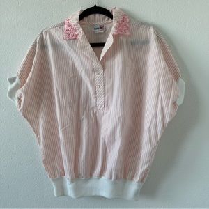 Square One Embroidery Collar Striped Top Blouse